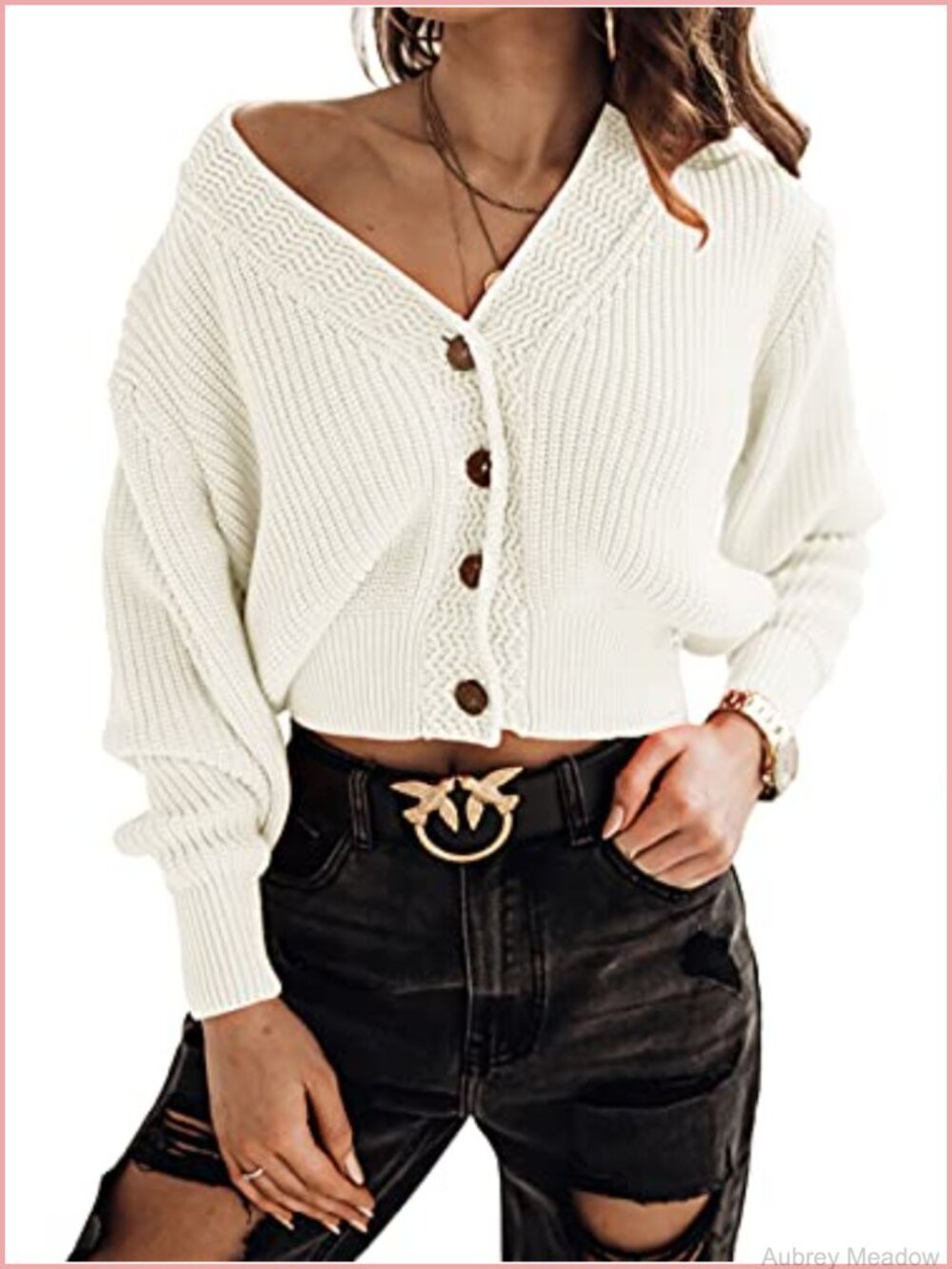 Womens Oversized Cropped Cardigan Chunky V Neck Button Front Knit Sweater
